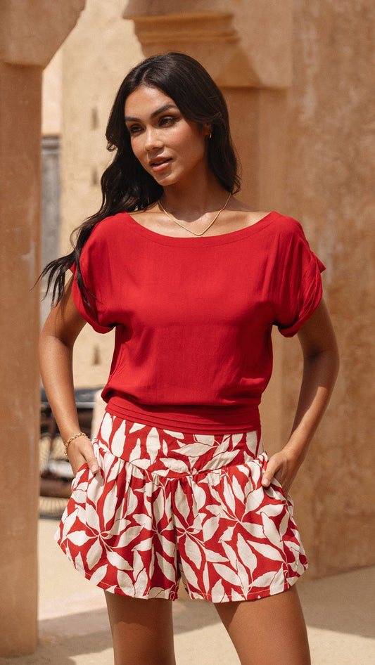 Boat Neckline Mareva Top - Solid Ruby