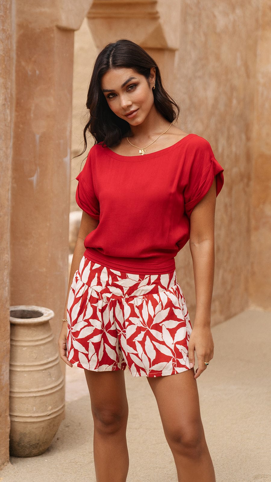Boat Neckline Mareva Top - Solid Ruby