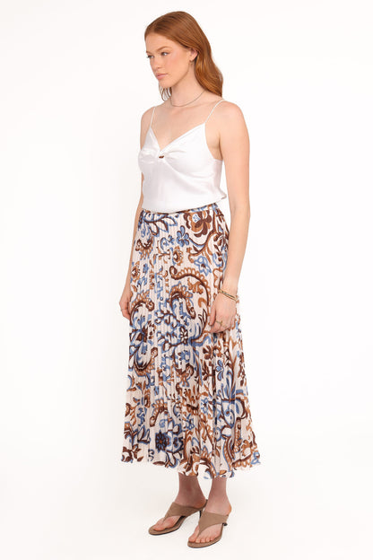 Aoife Pleated Midi Skirt - Ivory Brown Blue