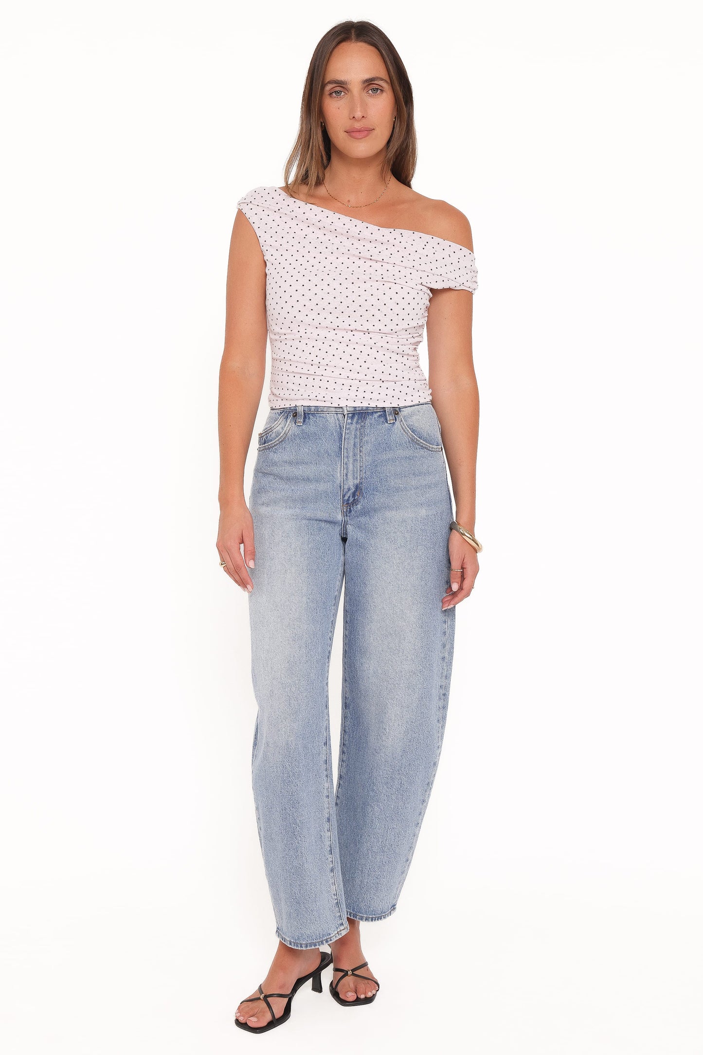 Aaron Off Shoulder Top - Pale Pink Dot