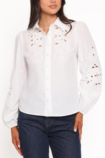 Aeloria Button Front Shirt - White Embroidery