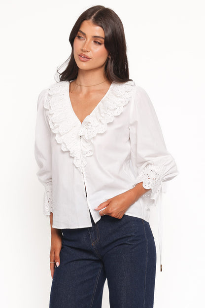 Aelwen Ruffle Blouse - White Embroidery