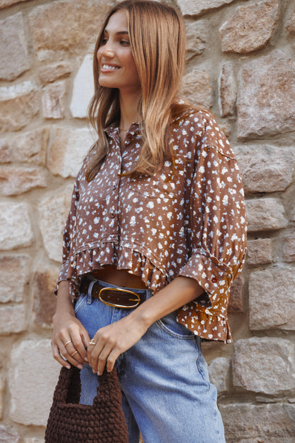 Ashe Cropped Button Up Top - Brown Floral