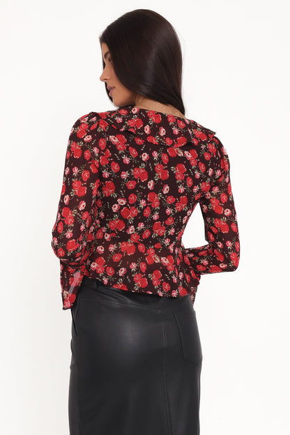 Aveline Chiffon Ruffle Front Top - Brown Floral