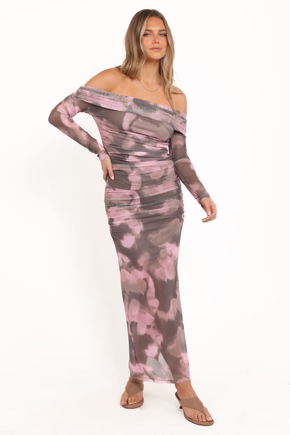 Caelira Off Shoulder Top - Pink/Brown Print
