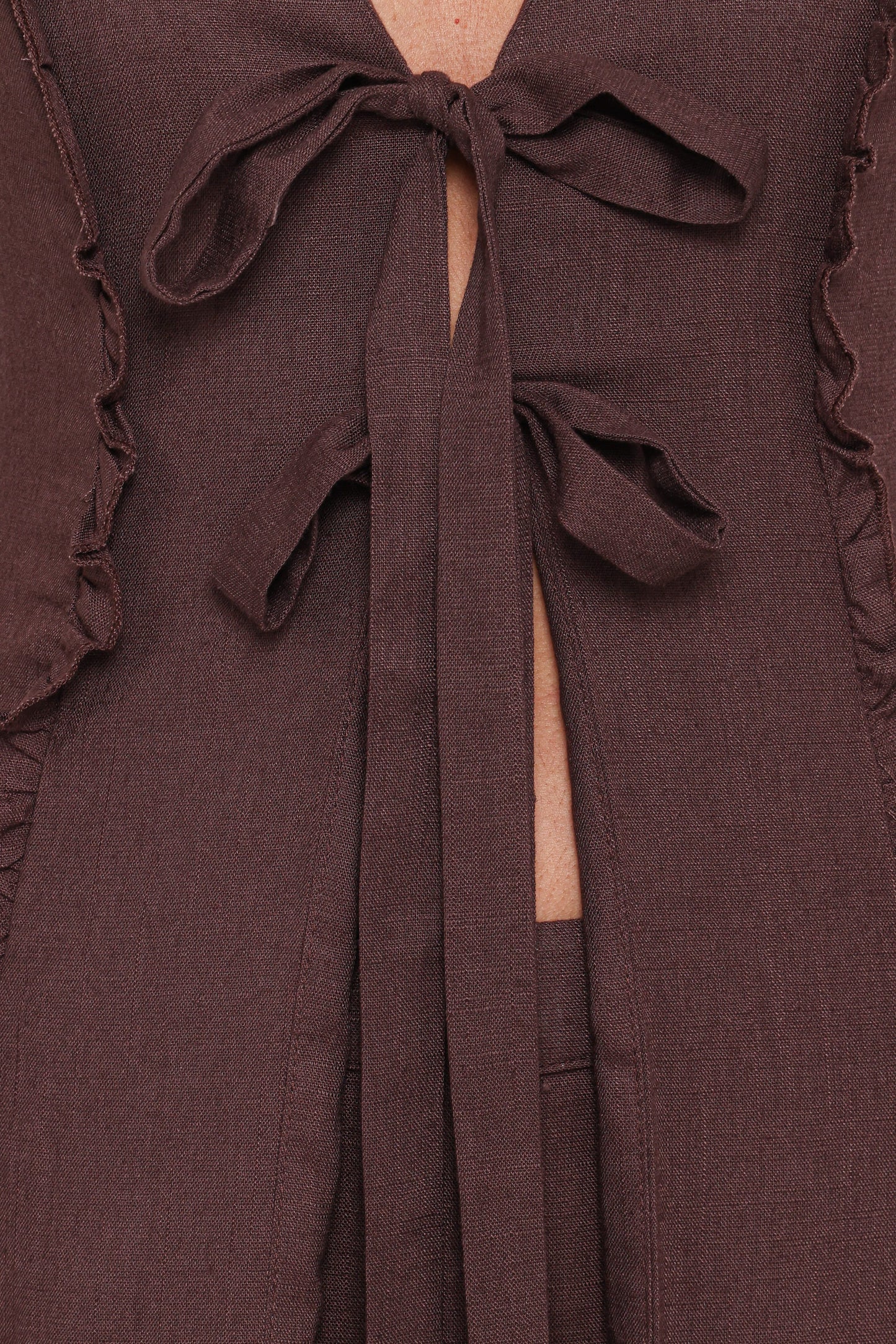 Sasha Frill Tie Front Top - Dark Brown