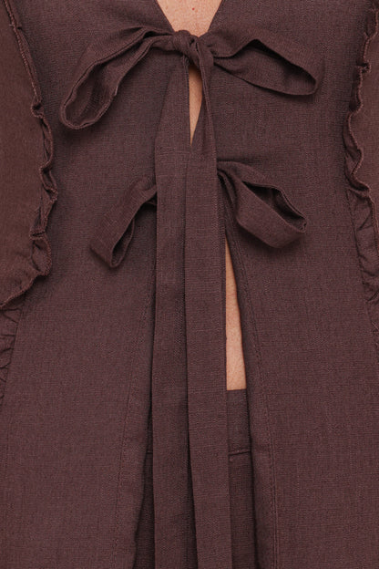 Sasha Frill Tie Front Top - Dark Brown