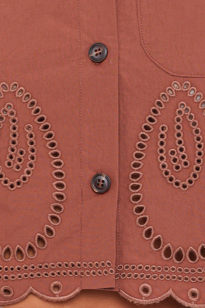 Williams Cropped Eyelet Button Up Shirt - Brown
