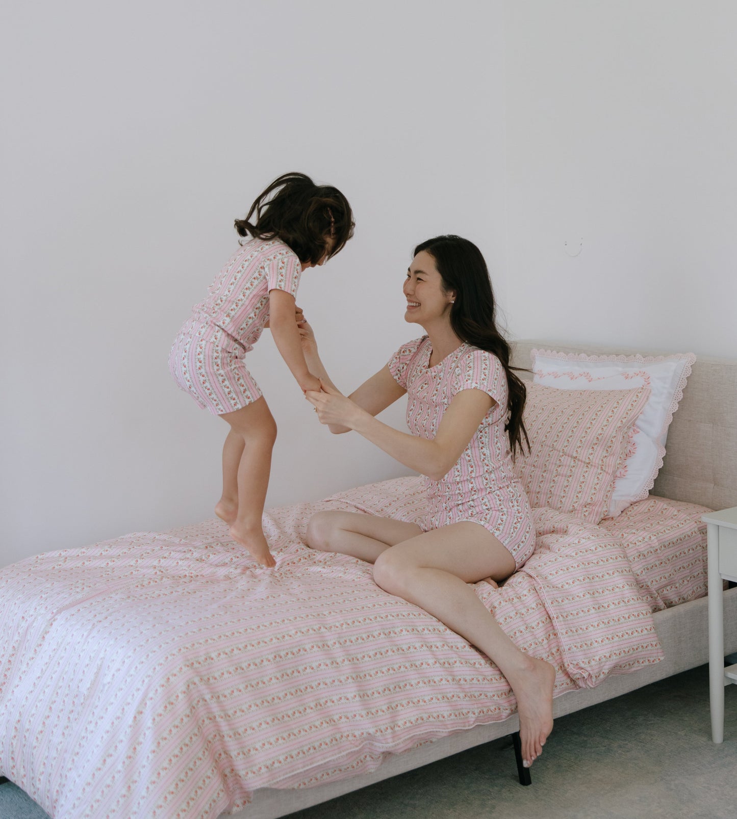 The Tiny Lou Pointelle PJ Set - Pink Floral Dot Stripe