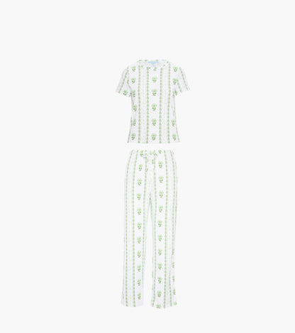 The Kelly Pajama Set - White/Green Arcadia Border