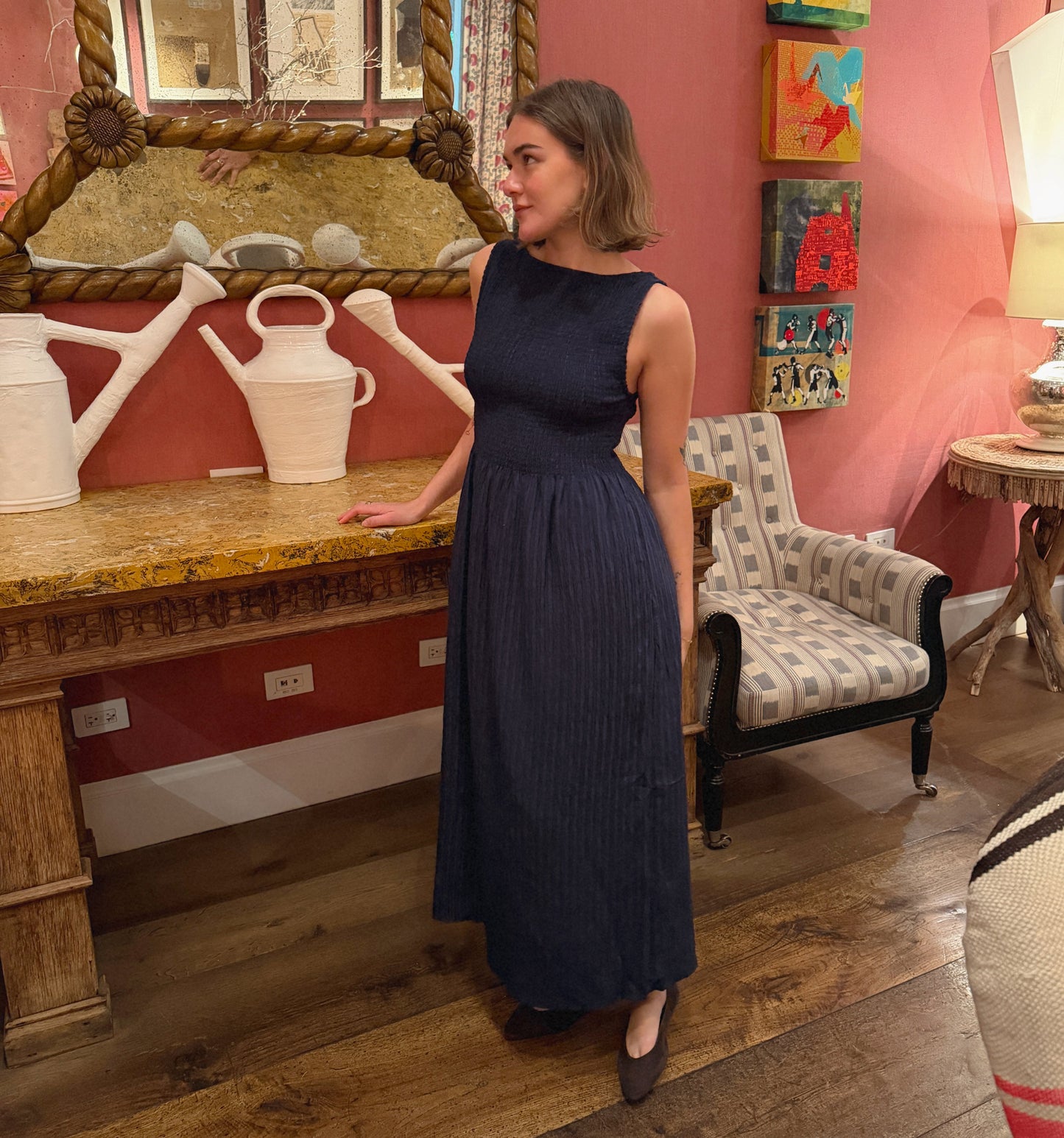 The Cosima Nap Dress - Navy Tonal Seersucker