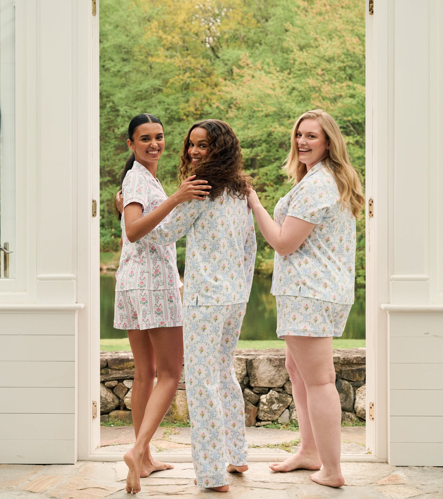 Roller Rabbit x Hill House Long Sleeve Polo Pajamas - Blue Floral Monkey Trellis