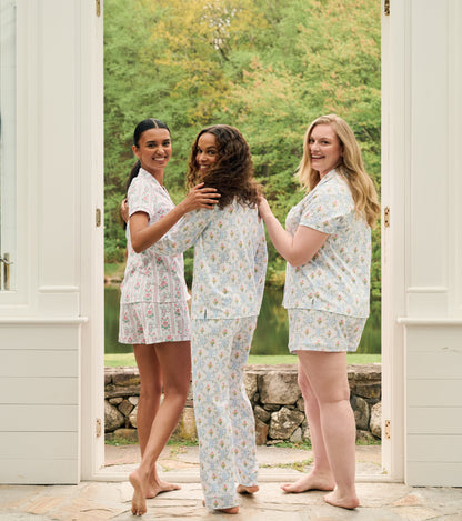 Roller Rabbit x Hill House Long Sleeve Polo Pajamas - Blue Floral Monkey Trellis