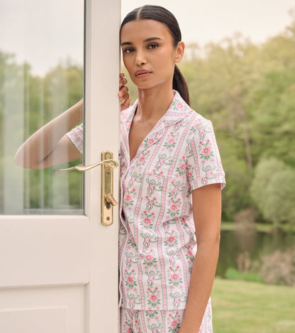 Roller Rabbit x Hill House Polo Pajamas - Pink Monkey Block Stripe