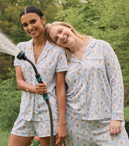 Roller Rabbit x Hill House Polo Pajamas - Blue Floral Monkey Trellis