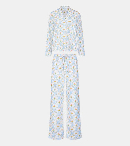 Roller Rabbit x Hill House Long Sleeve Polo Pajamas - Blue Floral Monkey Trellis