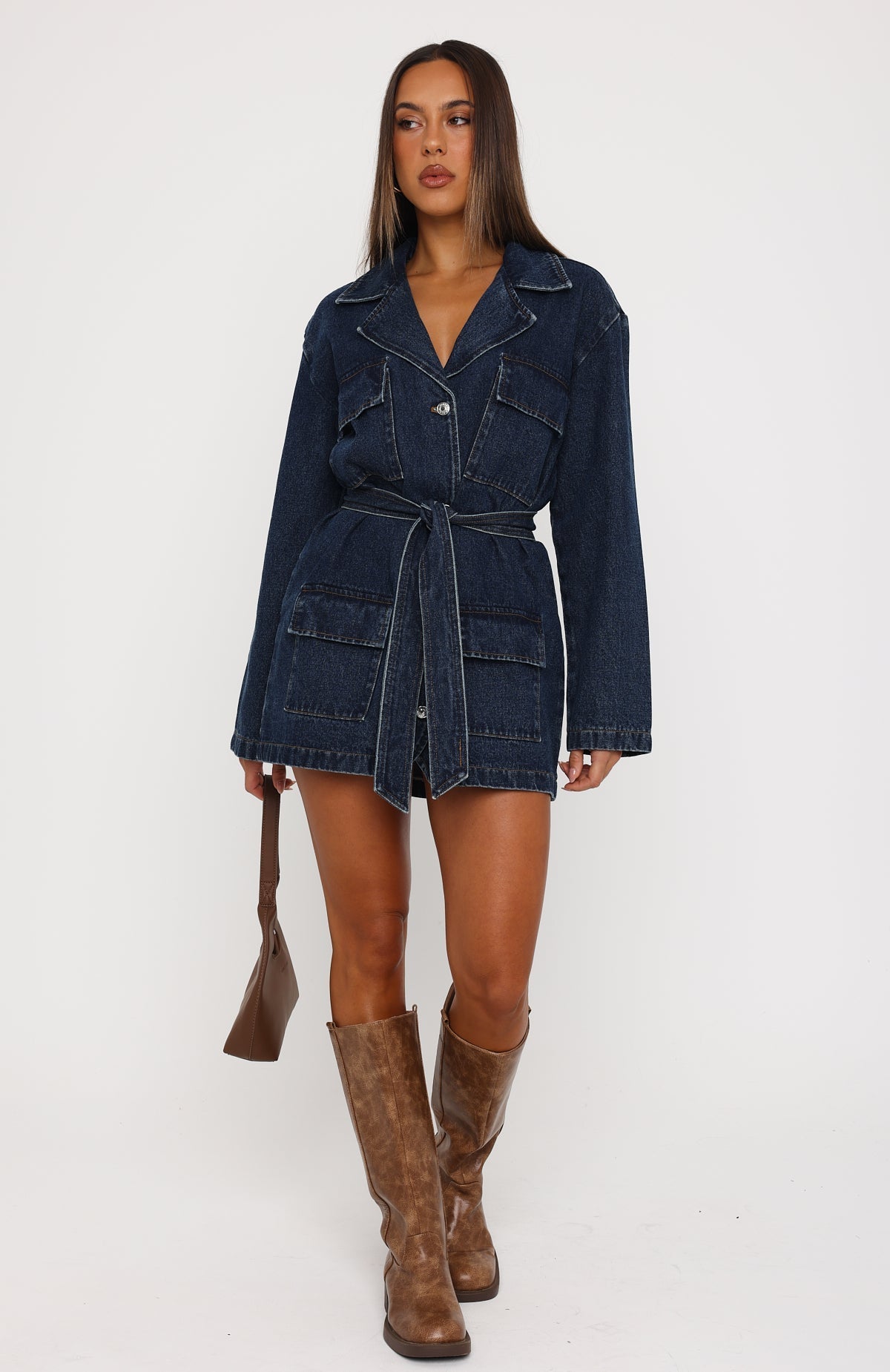 Freefall Romance Long Sleeve Denim Dress Dark Blue