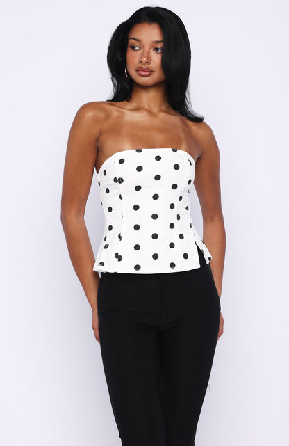 More Power Strapless Denim Top White/Black Polka Dot