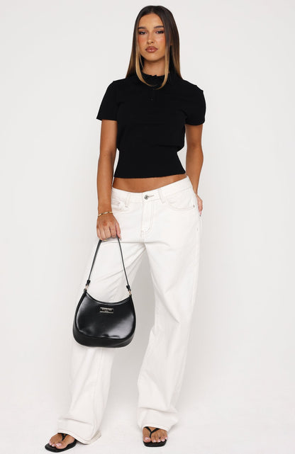 Sweet But Serious Cinched Waist Collared Top Black